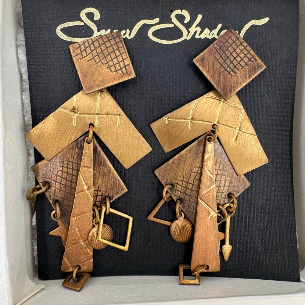 Vintage Handcrafted Dangle Earrings Snow Shadow Artisan Metal Geometric Arrows - Picture 3 of 4